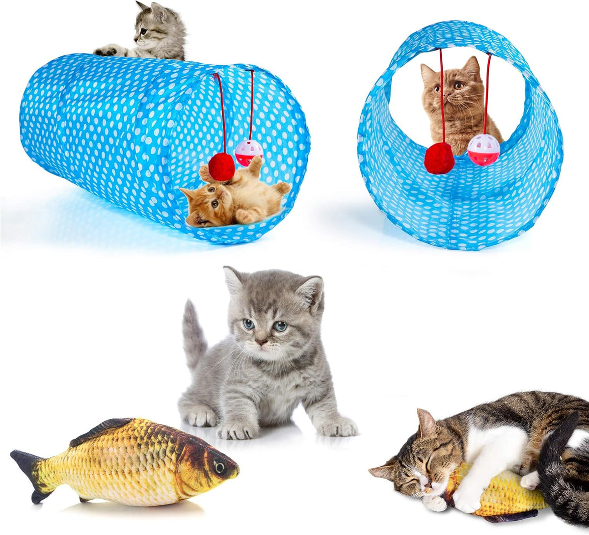 31 PCS Cat Toys Kitten Toys Assortments,Variety Catnip Toy Set Including 2 Way Tunnel,Cat Feather,Catnip Fish,Mice,Colorful Balls and Bells for Cat,Puppy,Kitty
