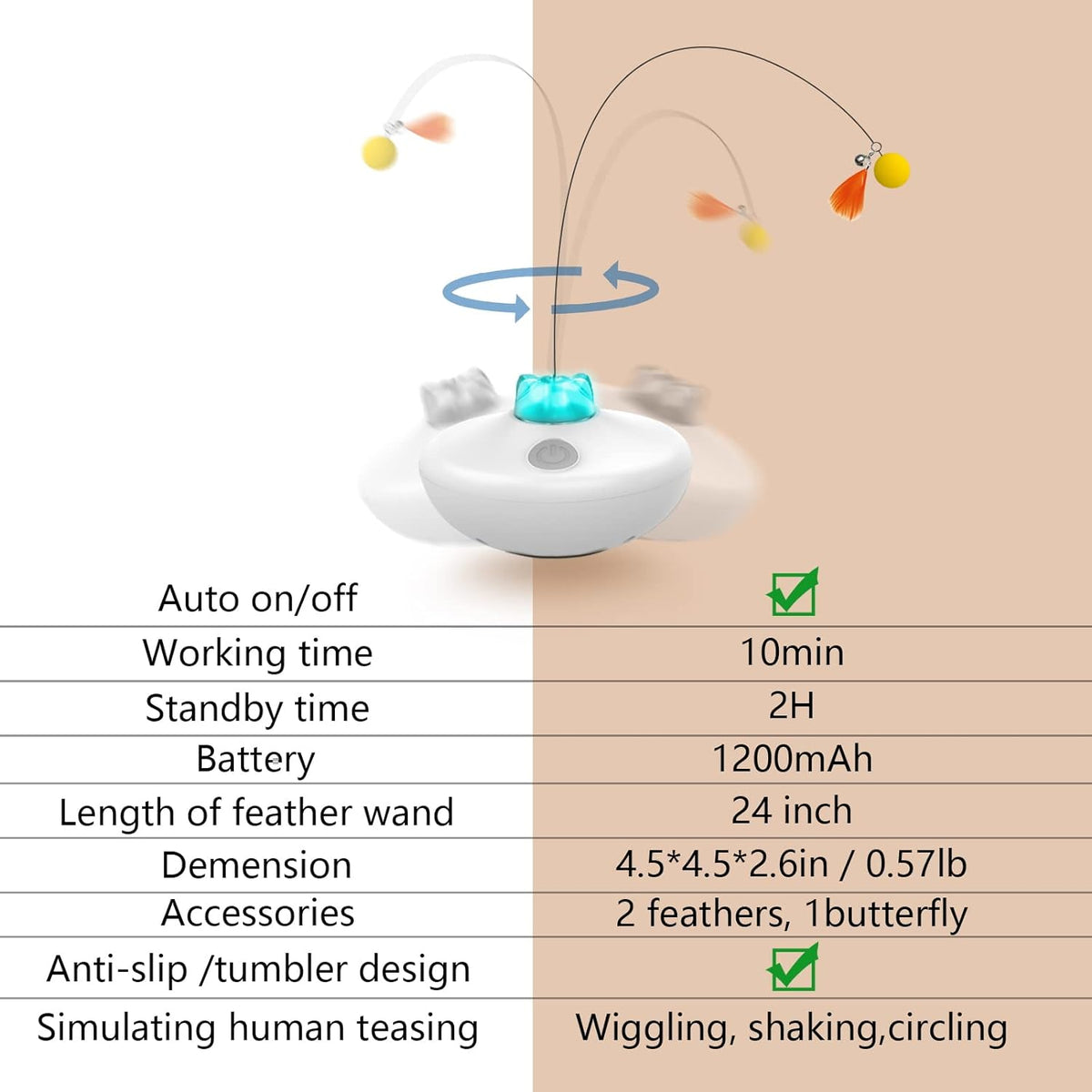 Interactive Cat Toys Cat Exercise Tumbler, Rechargeable Cat Toys for Indoor Cats Spin Butterfly Game Teasing Kitty, Extra Long Feather Wand (P33 cat Toys)