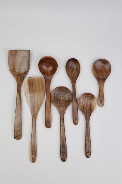 Acacia Wood Kitchen Utensil Set of 7, Wooden Spoons for Cooking, Non-Stick Spatula Set