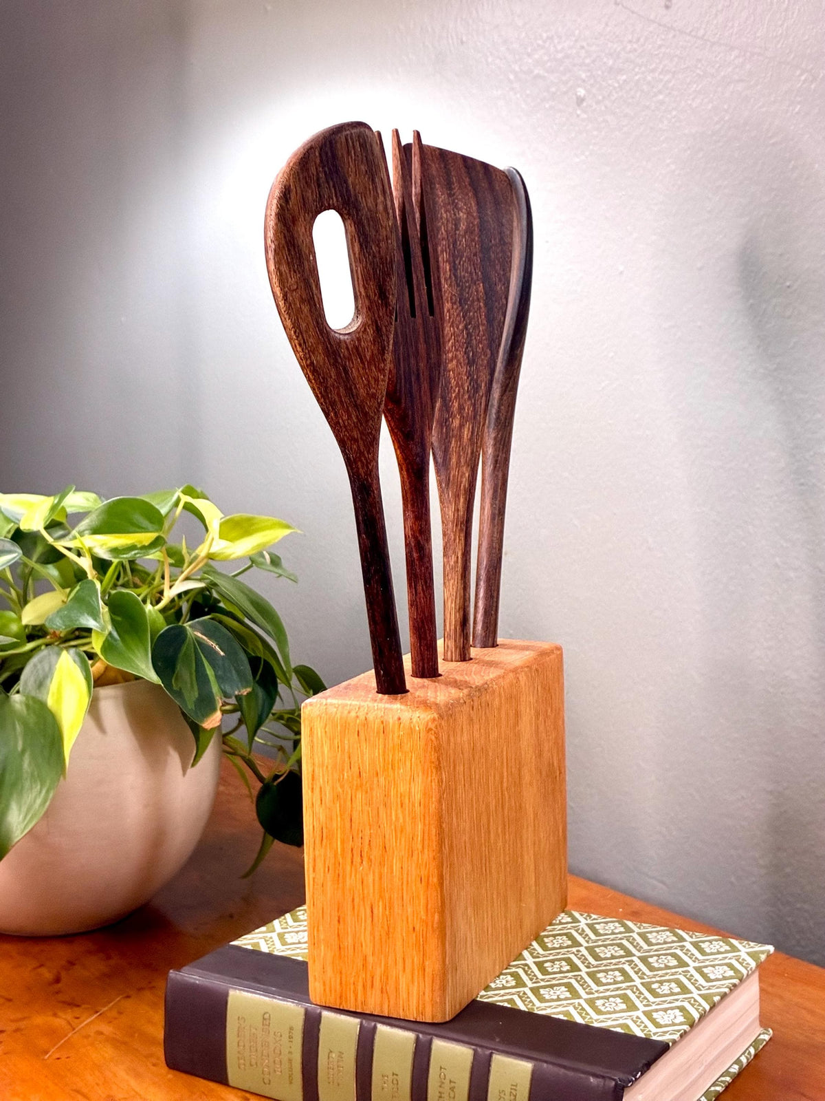 Vintage Teak Wood Utensil Set with Holder