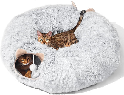 Cat Tunnel with Cat Bed for Indoor Cats, Under Christmas Tree Soft Plush Peekaboo Cat Cave Donut Tunnel, Multifunctional Cat Playground Toys Hideplace for Cats, Kittens, Rabbit, Ferret (Grey)
