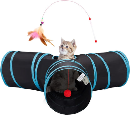 Cat Tunnel Tube Toys 3 Way Collapsible, Tunnels for Indoor Cats，Kitty Bored Peek Hole Toy Ball Cat, Puppy, Kitty, Kitten, Rabbit