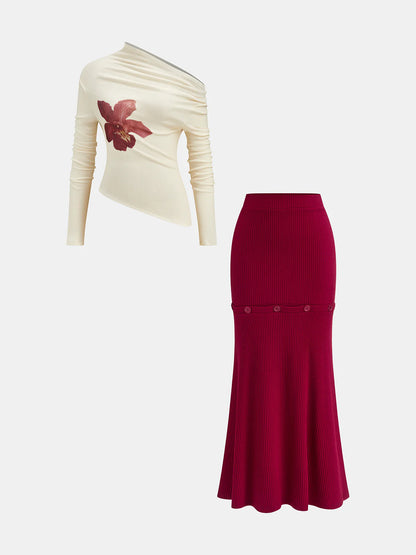 Floral Print Top and Detachable Skirt Set