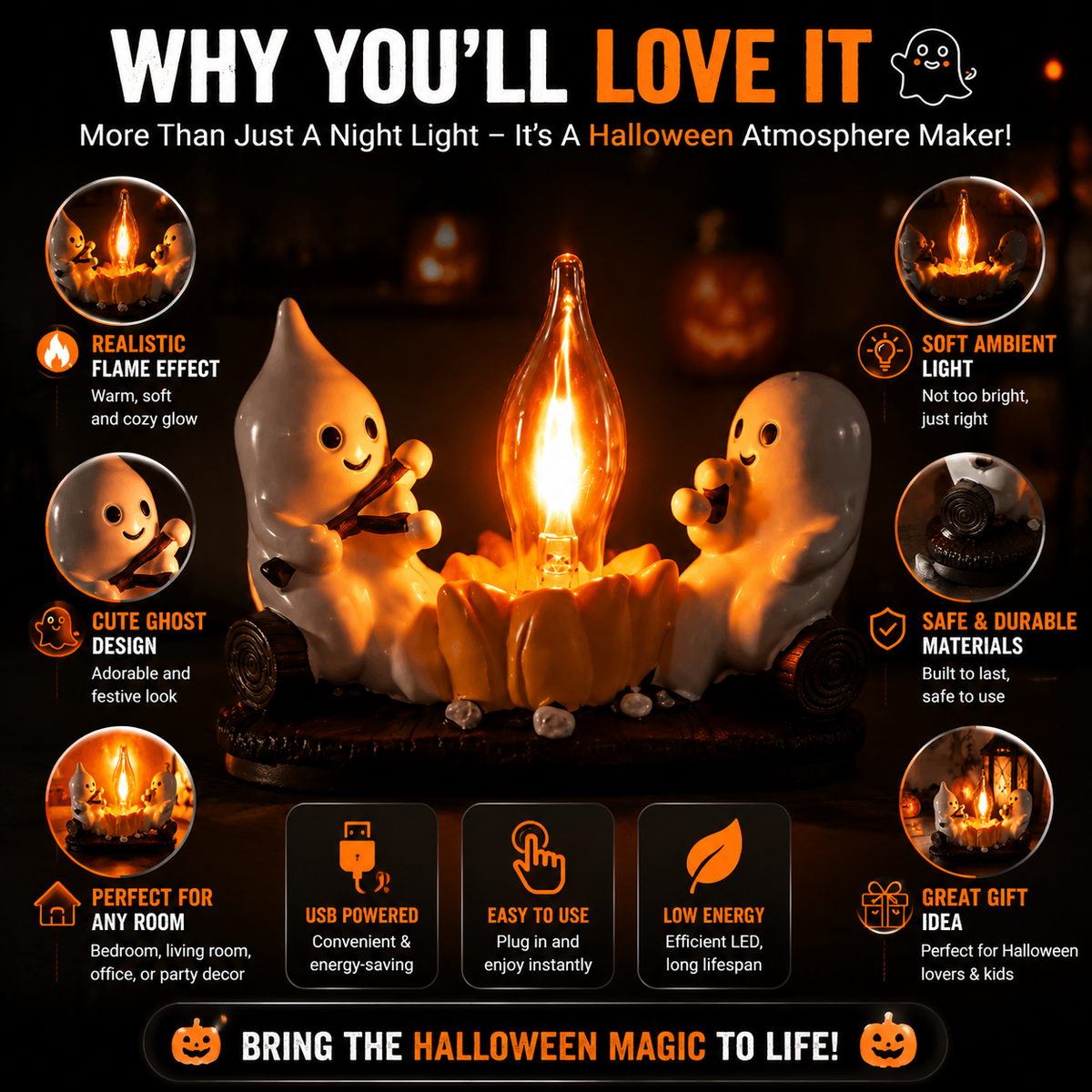 ✨👻 Viral Ghost Night Light – Halloween Flame Effect LED Ambient Lamp for Cozy Spooky Home Decor & Seasonal Decoration