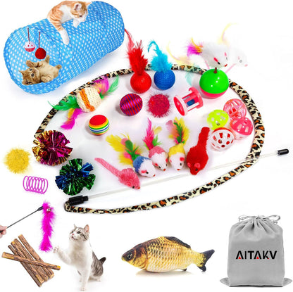 31 PCS Cat Toys Kitten Toys Assortments,Variety Catnip Toy Set Including 2 Way Tunnel,Cat Feather,Catnip Fish,Mice,Colorful Balls and Bells for Cat,Puppy,Kitty