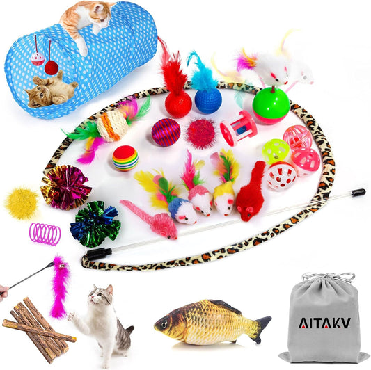 31 PCS Cat Toys Kitten Toys Assortments,Variety Catnip Toy Set Including 2 Way Tunnel,Cat Feather,Catnip Fish,Mice,Colorful Balls and Bells for Cat,Puppy,Kitty