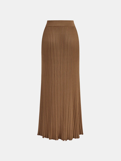 Ribbed Side Slit Button Detail Midi Skirt