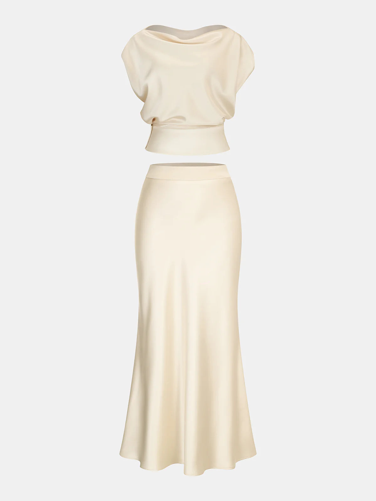 Satin Cowl Neck Top and Skirt Set