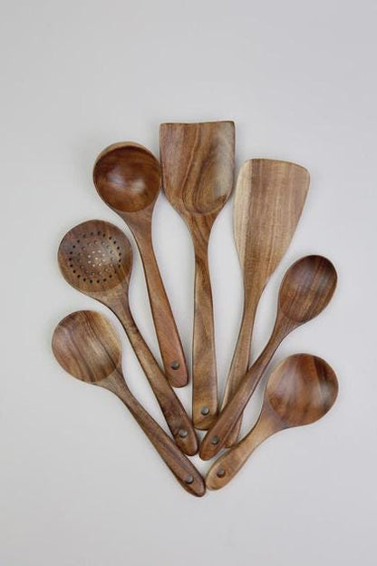Acacia Wood Kitchen Utensil Set of 7, Wooden Spoons for Cooking, Non-Stick Spatula Set