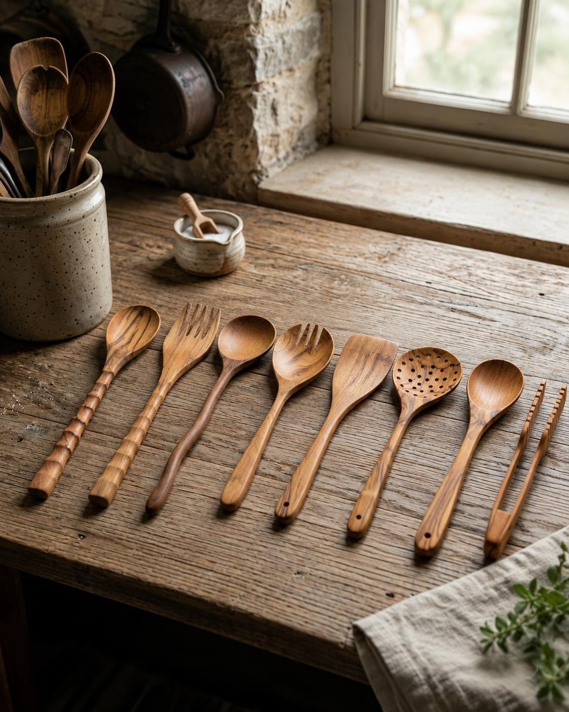 Teak Wood Kitchen Utensil Set, Handmade Wooden Cooking Utensils, Set of 3, 5, or 8